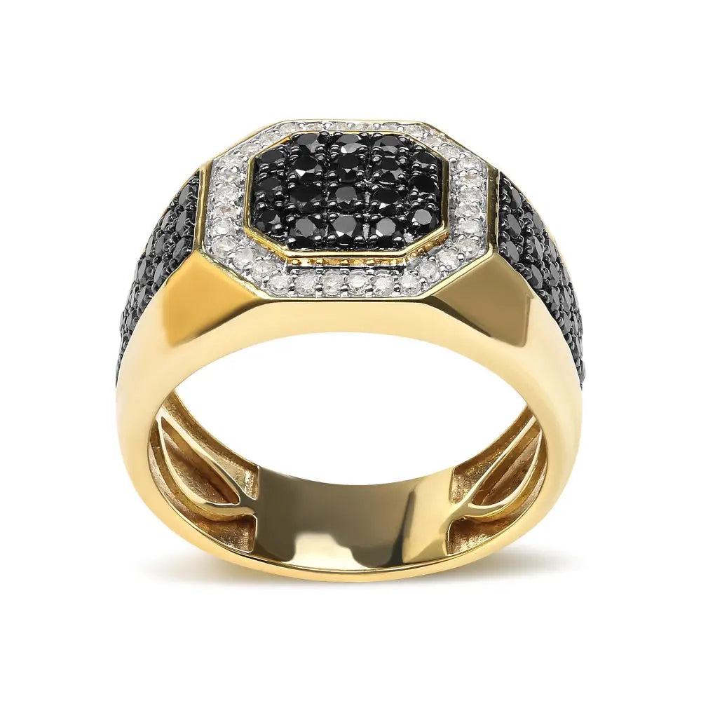 Men’s 14k Yellow Gold Plated.925 Sterling Silver 1 1/4 Cttw White and Black Diamond Signet Style Band Ring (black