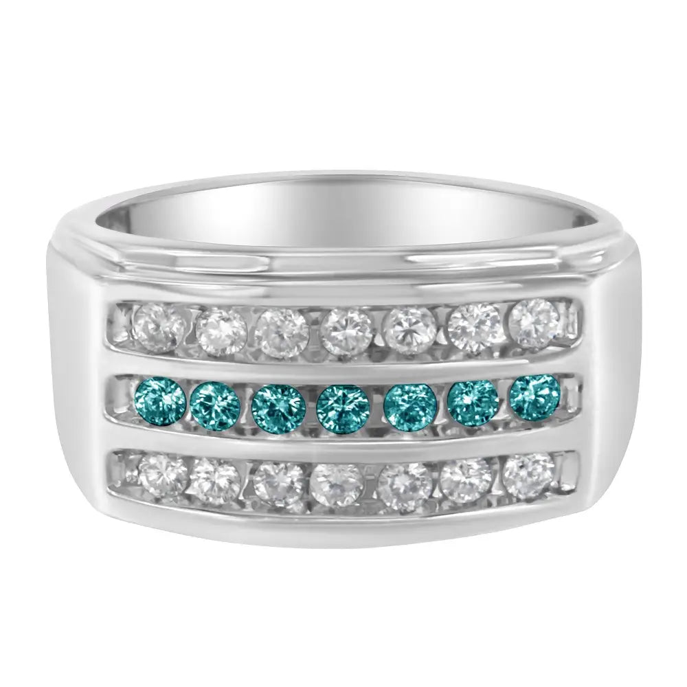 Men’s 14kt White Gold Treated Blue Color Diamond Channel Band Ring (1 Cttw H-i I1-i2 Clarity) - 10 - Fine Jewelry