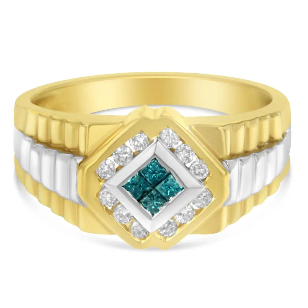 Men’s 14kt Yellow and White Gold 1/2 Cttw Treated Blue Princess-cut Round-cut Diamond Signet Ring(treated