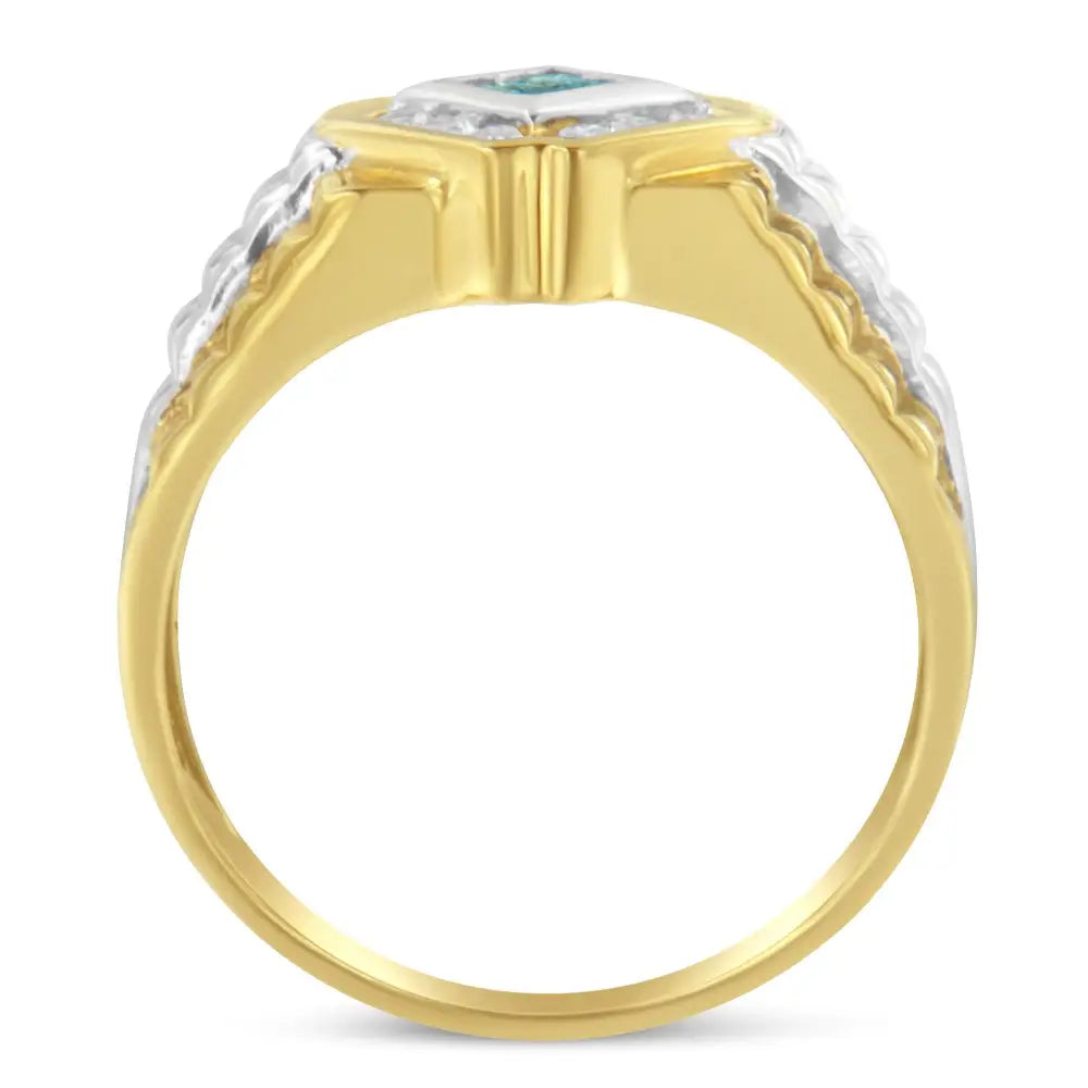 Men’s 14kt Yellow and White Gold 1/2 Cttw Treated Blue Princess-cut Round-cut Diamond Signet Ring(treated