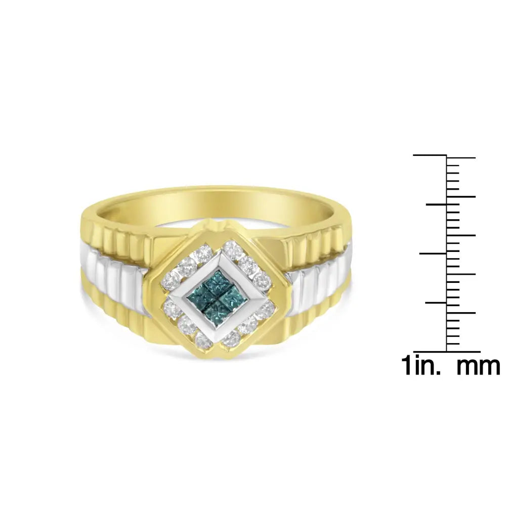 Men’s 14kt Yellow and White Gold 1/2 Cttw Treated Blue Princess-cut Round-cut Diamond Signet Ring(treated