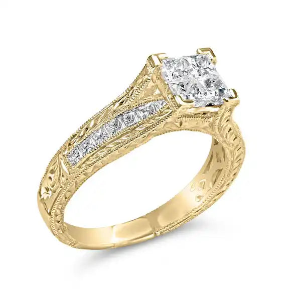 Ornate gold engagement ring with a prominent diamond center stone and intricate detailing.