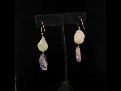 Stunning 14K Yellow Gold Amethyst &amp; Baroque Pearl Drop Earrings - 2 Inch Dangle