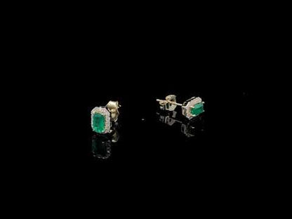 Exquisite 10k Yellow Gold Green Emerald Stud Earrings with Diamond Halo