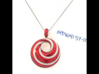 .925 Sterling Silver Red Enamel Diamond Swirl Medallion Necklace (F-G, VS1-VS2)