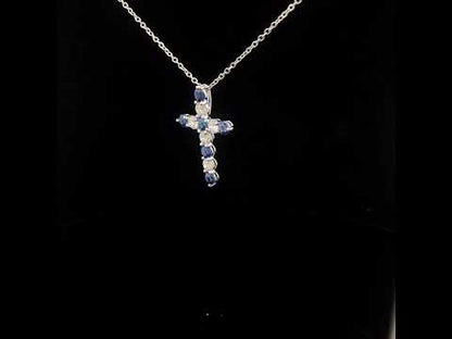 Elegant 18K White Gold Diamond & Blue Sapphire 11 Stone Cross Pendant Necklace