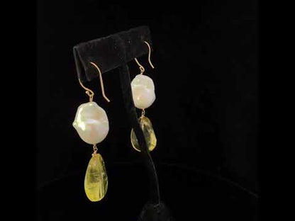 Elegant 14K Yellow Gold Citrine & Baroque Pearl Drop Earrings - 1 3/4 Inch Dangle