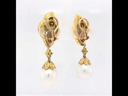 18K Yellow Gold 7.0 Cttw Diamond & South Sea Pearl Drop Dangle Clip-On Earrings