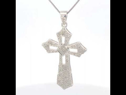 18in .925 Sterling Silver 1.00 Cttw Diamond Fleur De Lis Cross Pendant Necklace