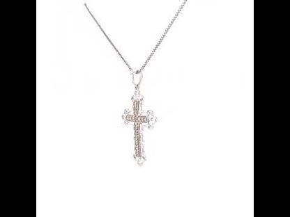 Sterling Silver 1/4 cttw Diamond Art Deco Cross Pendant Necklace - 18" Chain - Elegant