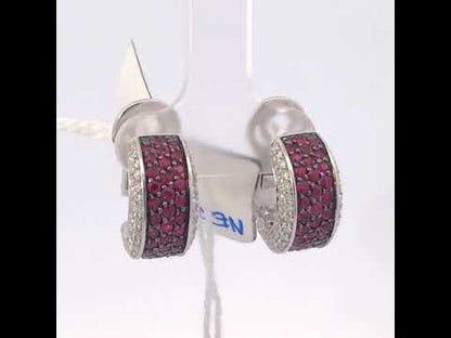 18K White Gold & Black Rhodium Diamond and Ruby Huggie Hoop Earrings (3/4 Cttw)