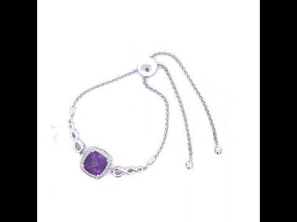 Elegant 10mm Cushion Cut Amethyst and Diamond Lariat Bracelet in Sterling Silver