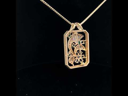 Elegant 18K Yellow Gold Diamond, Sapphire &amp; Emerald Dog Tag Necklace