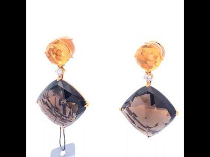 18K Yellow Gold Diamond & Citrine Dangle Earrings with Smoky Quartz (1/5 Cttw)