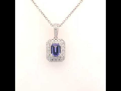 18K White Gold 1/4 Cttw Diamond & 6x4mm Purple Tanzanite Halo Pendant H-I, VS1-VS2