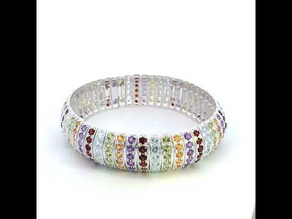 .925 Sterling Silver Multi-Row 292 Vibrant Rainbow Gemstone Bangle Bracelet