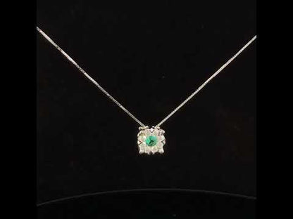 Elegant 14K White Gold Green Emerald & Diamond Composite Halo Pendant Necklace