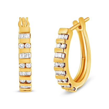 Radiant 10k Gold Round and Baguette-cut Diamond Hoop Earrings