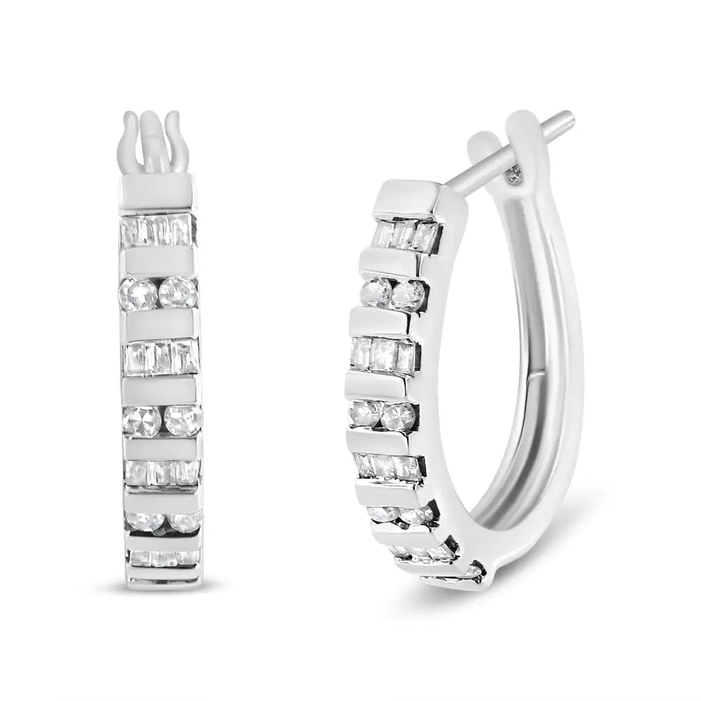 Radiant 10k Gold Round and Baguette-cut Diamond Hoop Earrings