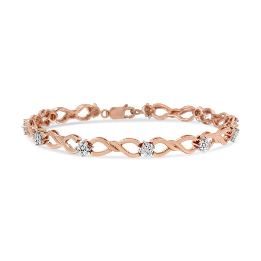 Radiant 10k Rose Gold Infinity Weave Link Bracelet with Cttw Diamond Cluster