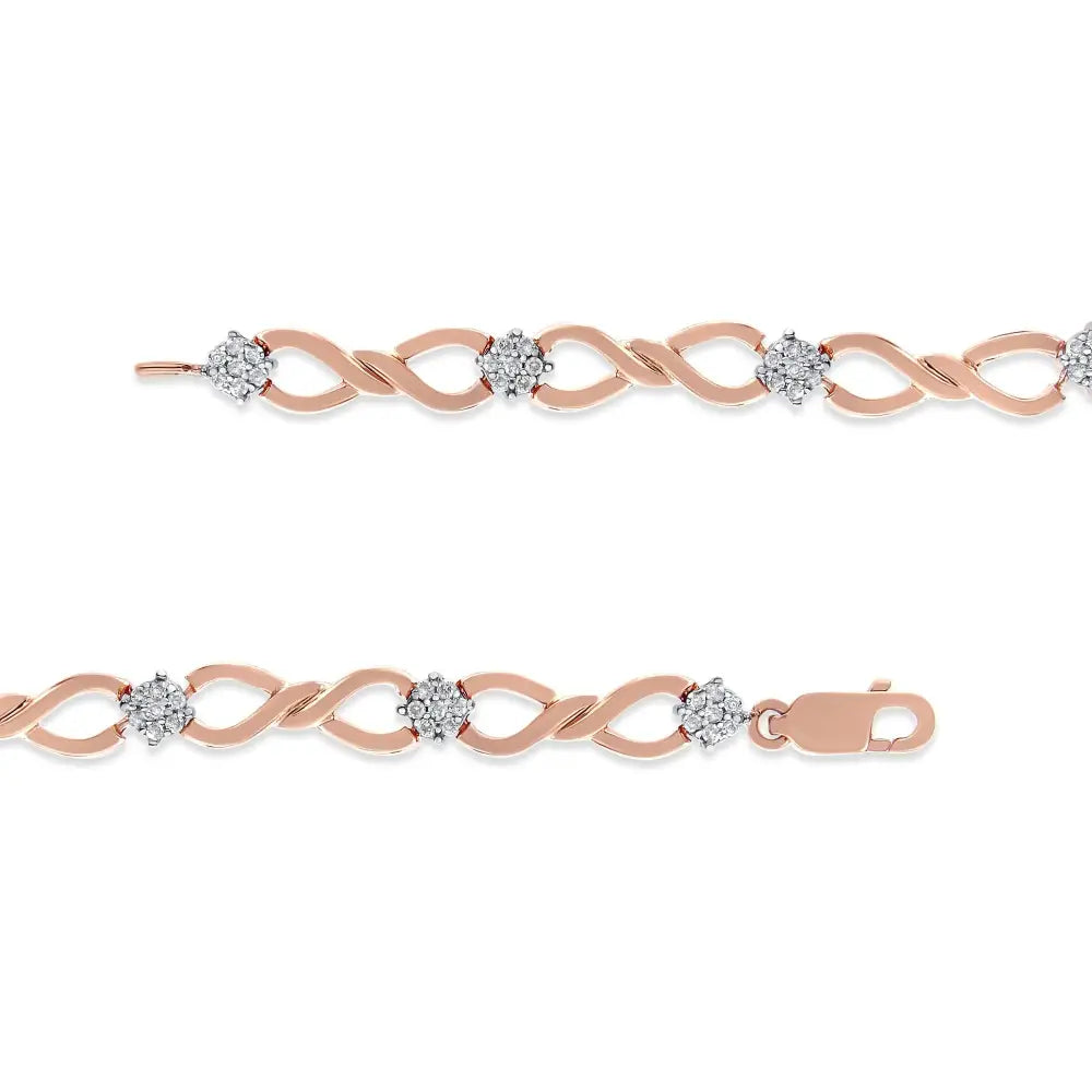 Radiant 10k Rose Gold Infinity Weave Link Bracelet with Cttw Diamond Cluster