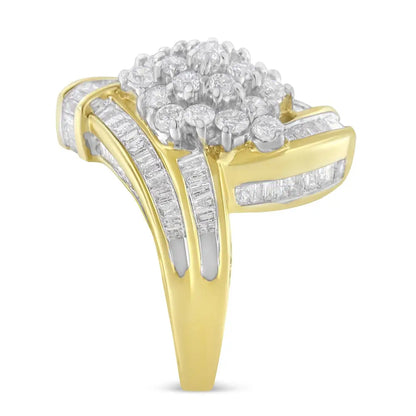 10k Yellow Gold Round & Baguette Diamond Crossover Cluster Ring - Dazzling