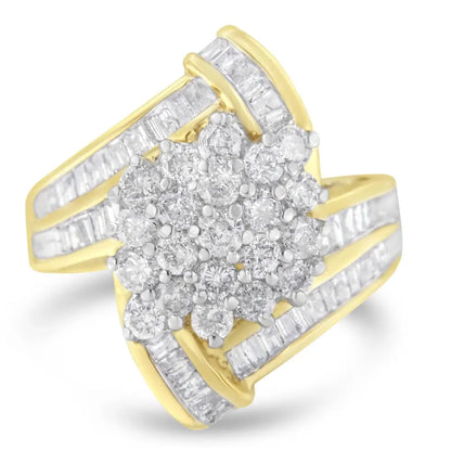 10k Yellow Gold Round & Baguette Diamond Crossover Cluster Ring - Dazzling