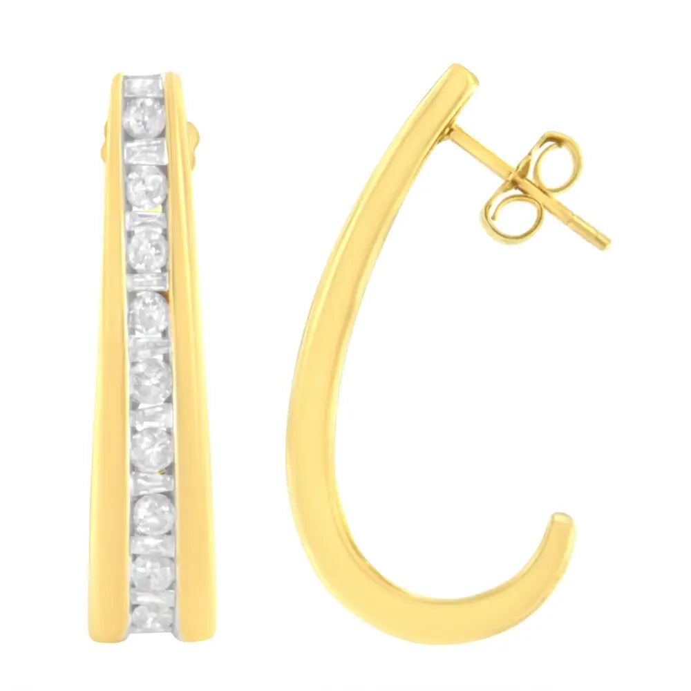 Radiant 10k Yellow Gold Channel Set Diamond J-hoop Earrings