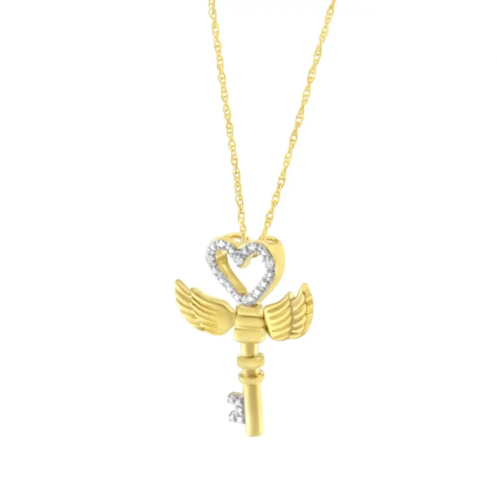 Radiant 10k Yellow Gold Diamond Accented Heart Angel Wing Pendant Necklace