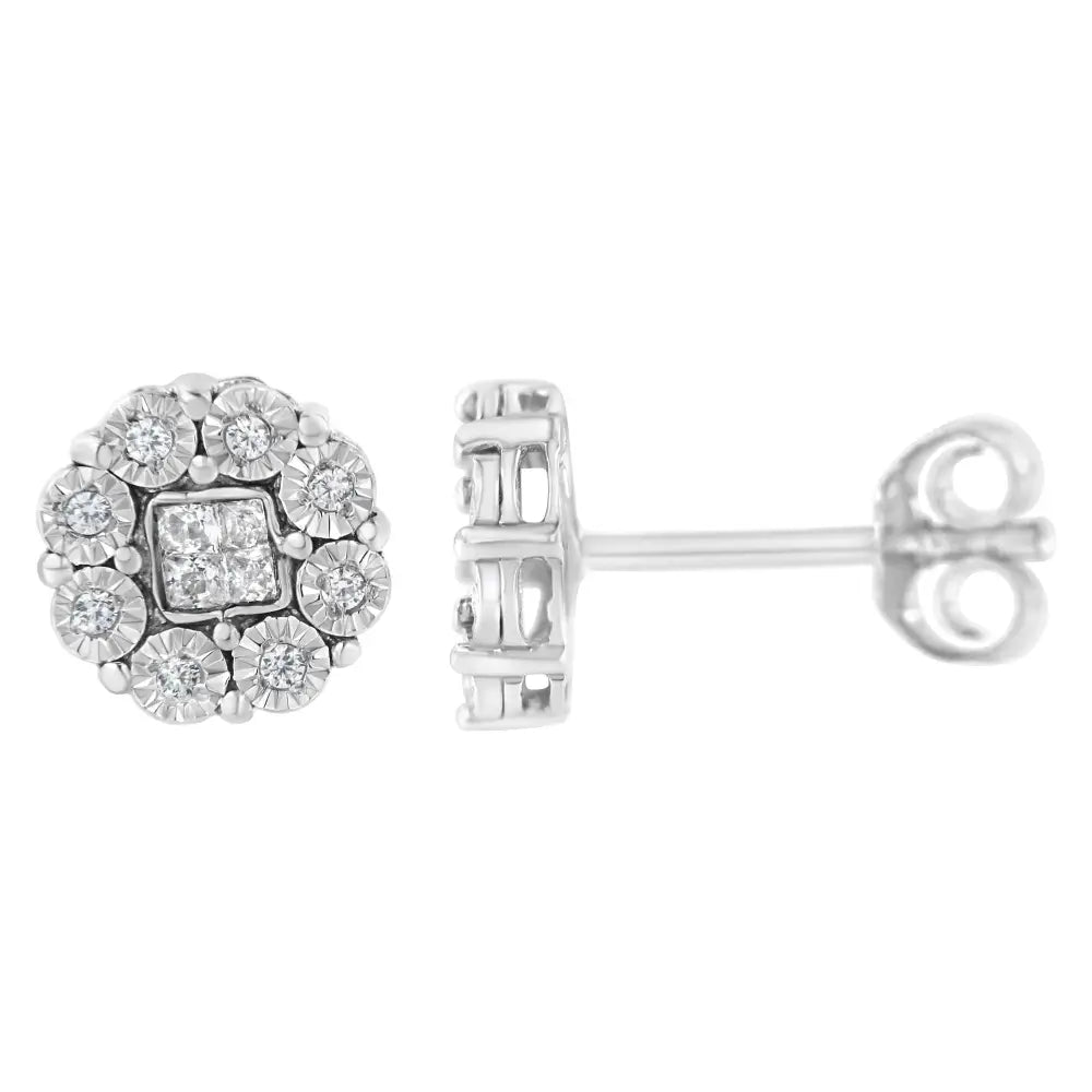 Radiant 10kt White Gold 1/4ct Diamond Floral Cluster Stud Earrings