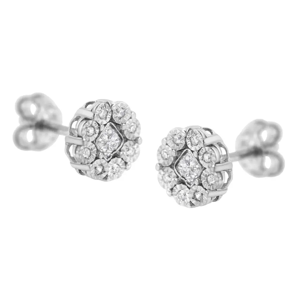 Radiant 10kt White Gold 1/4ct Diamond Floral Cluster Stud Earrings