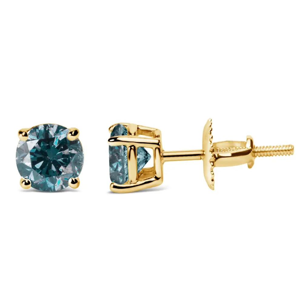 Radiant 14k Gold Round Brilliant Cut Lab Grown Blue Diamond Earrings