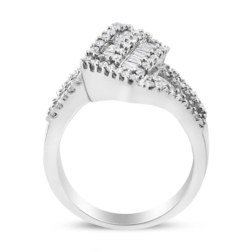 Radiant 14k White Gold Baguette Diamond Bypass Cocktail Ring - 7