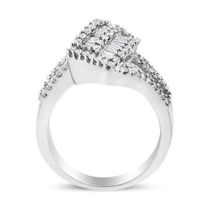 Radiant 14k White Gold Baguette Diamond Bypass Cocktail Ring - 7