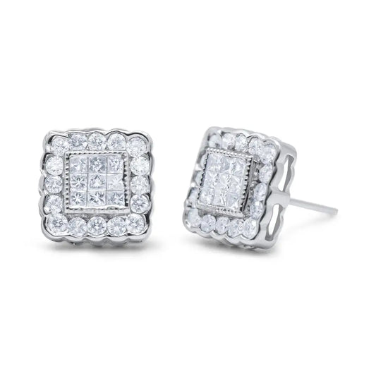 Radiant 14k White Gold Princess Cut Diamond Halo Stud Earrings