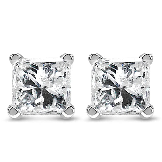 Radiant 14k White Gold Princess Cut Solitaire Stud Earrings