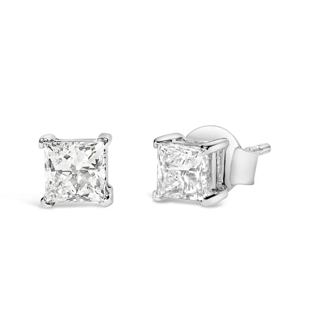 Radiant 14k White Gold Princess Cut Solitaire Stud Earrings