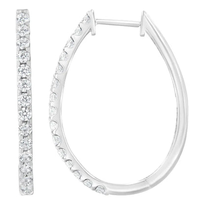 Radiant 14k White Gold Round Brilliant Cut Diamond Oblong Hinged Earrings