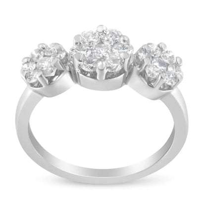 Radiant 14k White Gold Three Round Floral Cluster Diamond Ring