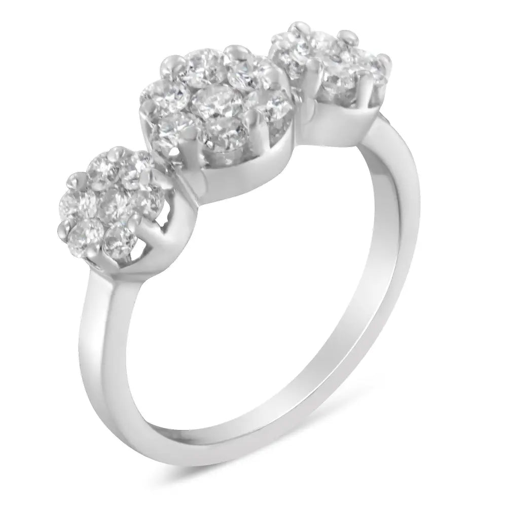 Radiant 14k White Gold Three Round Floral Cluster Diamond Ring