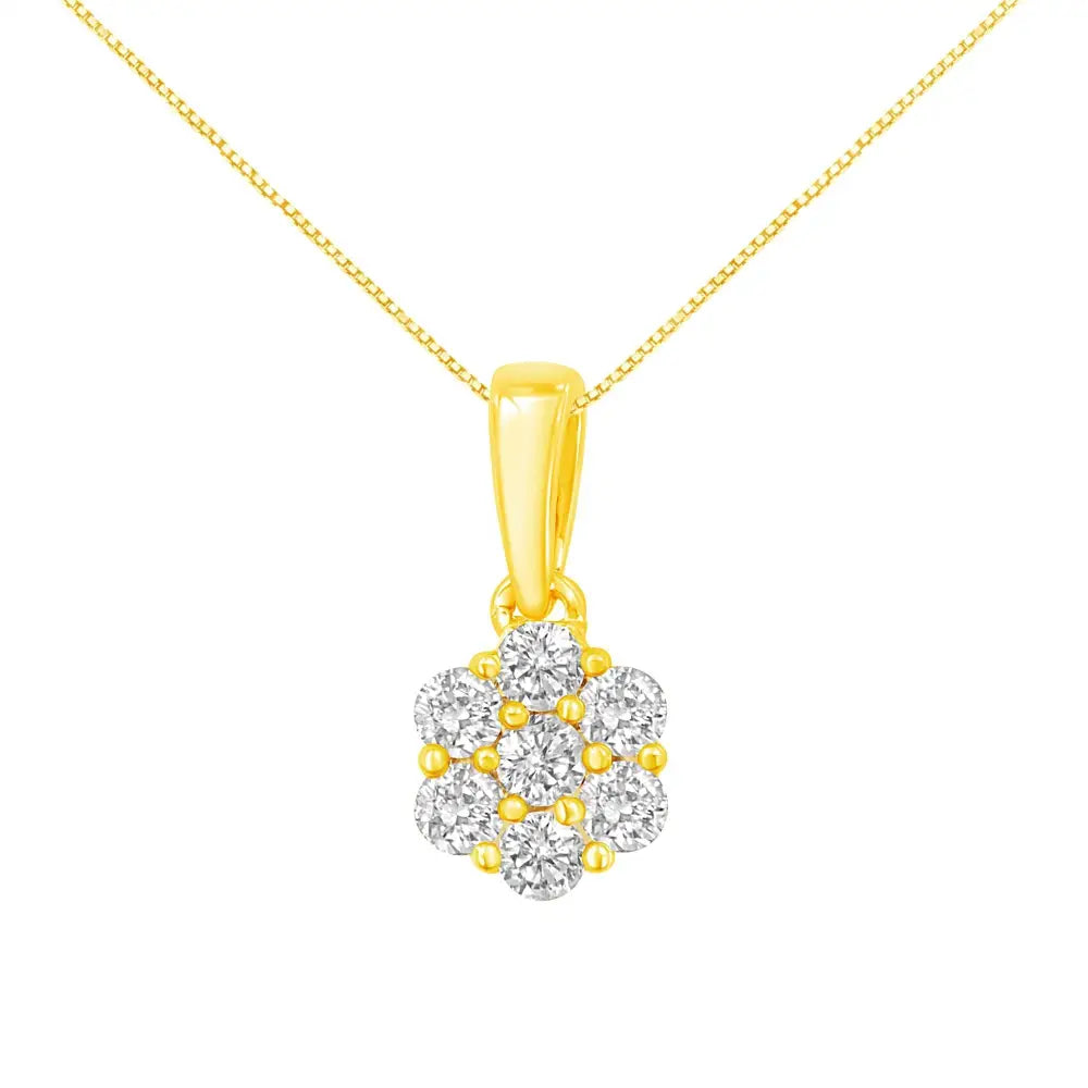 Radiant 14k Yellow Gold 7 Stone Diamond Flower Pendant Necklace