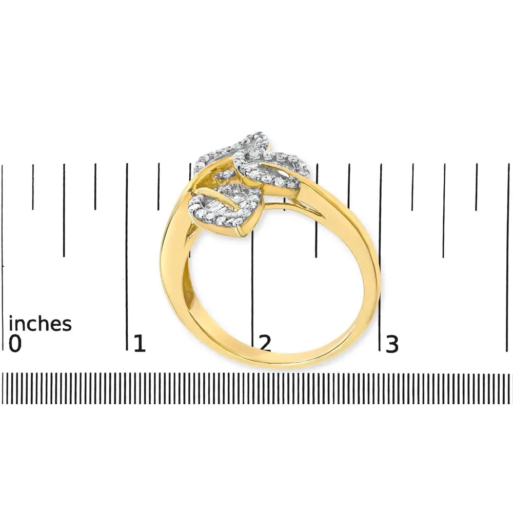 Radiant 18k Yellow Gold Triple Leaf Ring with Cttw Baguette Diamonds