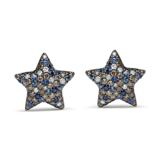 Radiant Black Rhodium Plated 18k White Gold Diamond Sapphire Star Earrings