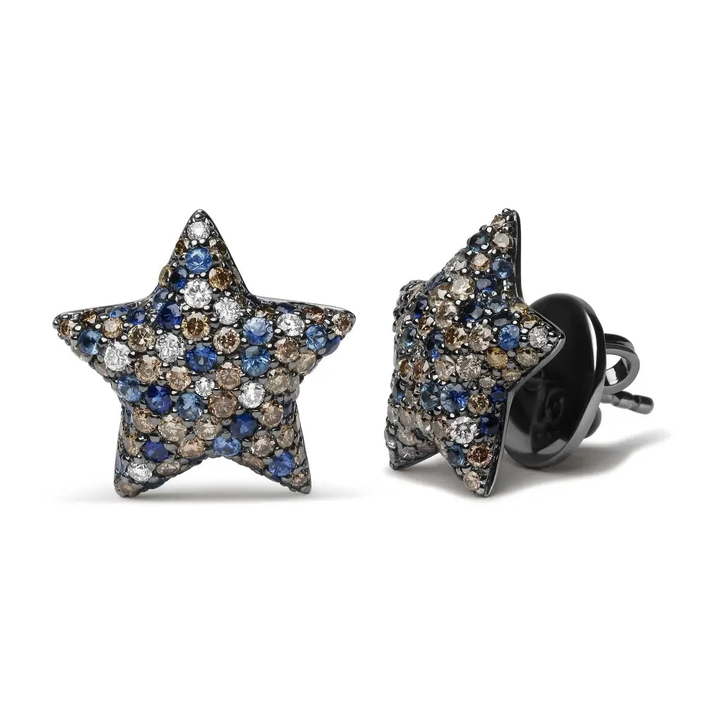 Radiant Black Rhodium Plated 18k White Gold Diamond Sapphire Star Earrings