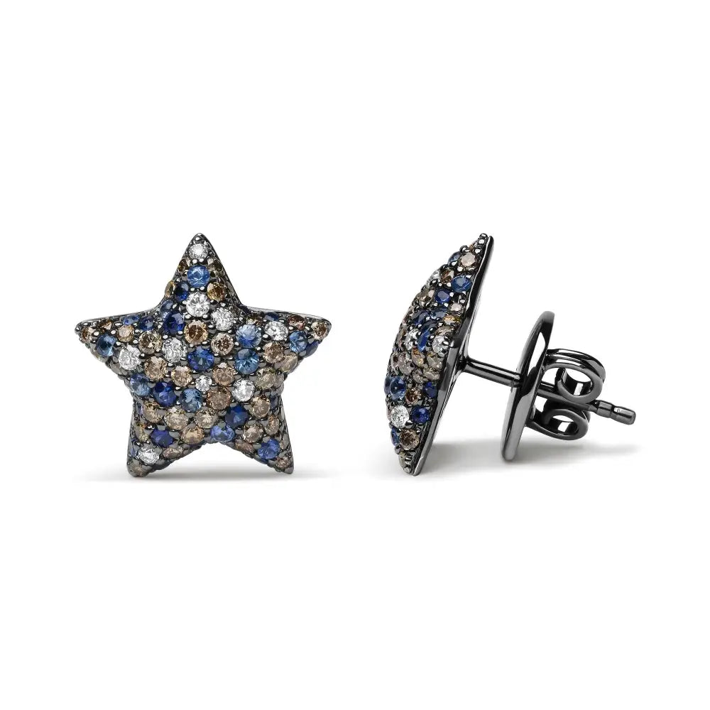 Radiant Black Rhodium Plated 18k White Gold Diamond Sapphire Star Earrings