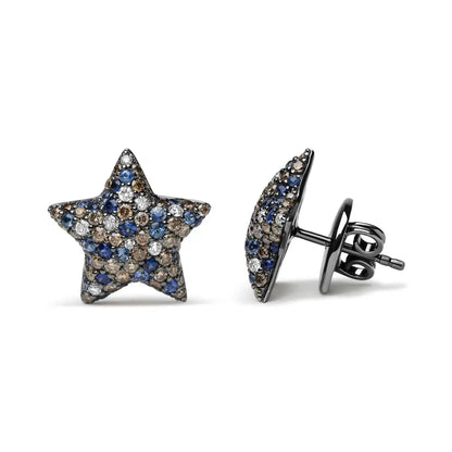 Radiant Black Rhodium Plated 18k White Gold Diamond Sapphire Star Earrings