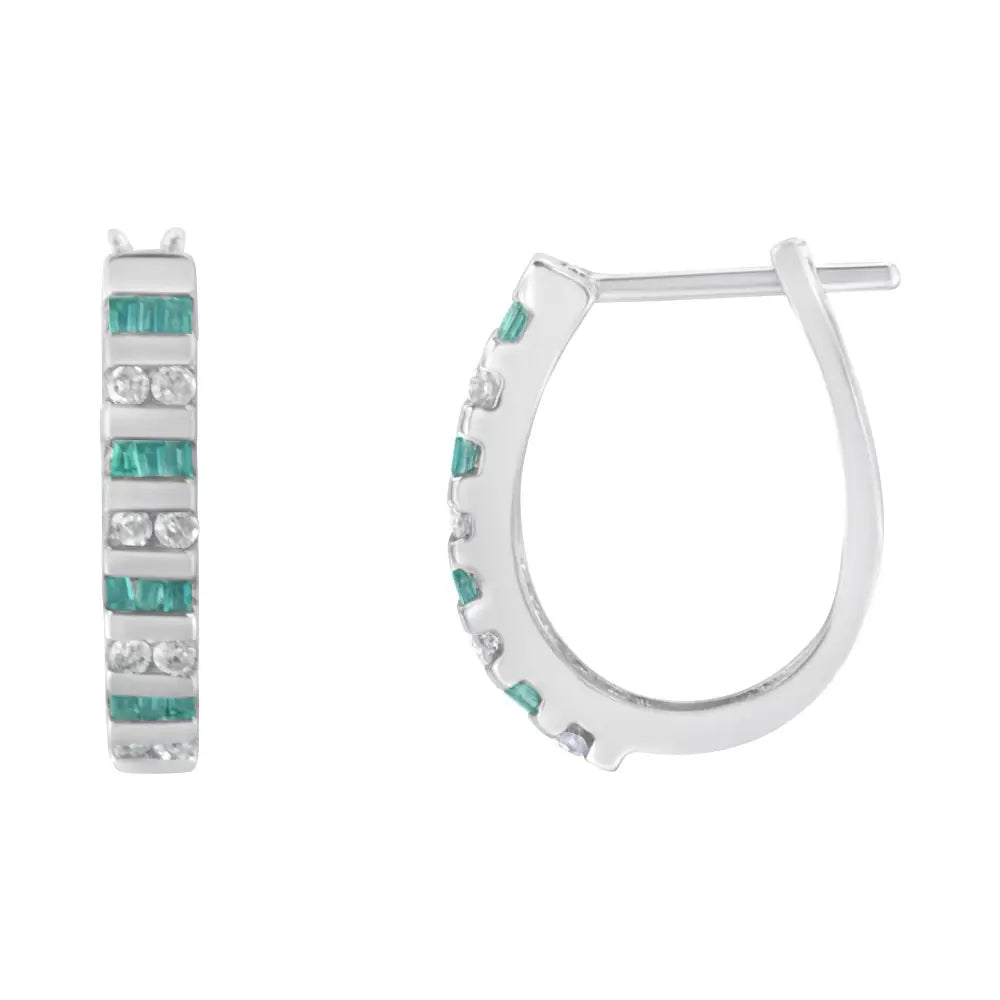 Radiant Blue Baguette Diamond Hoop Earrings in 10k White Gold