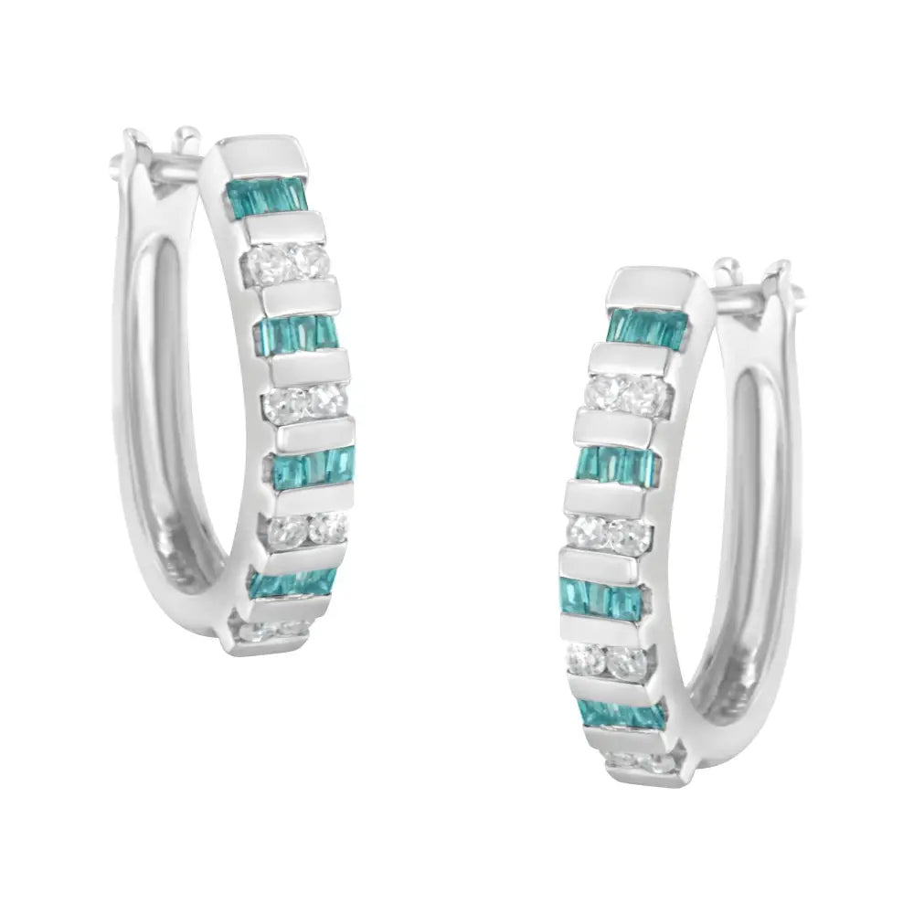 Radiant Blue Baguette Diamond Hoop Earrings in 10k White Gold