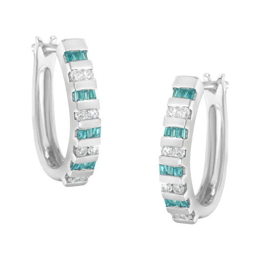 Radiant Blue Baguette Diamond Hoop Earrings in 10k White Gold