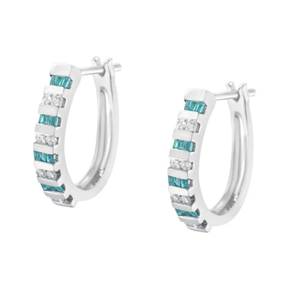 Radiant Blue Baguette Diamond Hoop Earrings in 10k White Gold